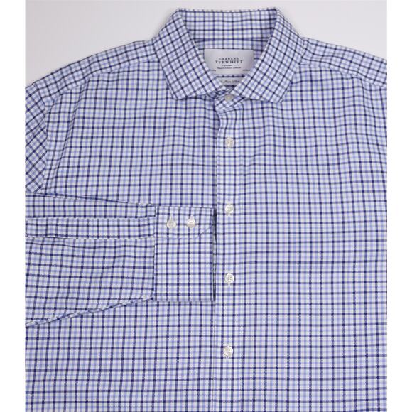 Charles Tyrwhitt Non Iron Slim Fit Blue Checkered Dress Shirt (44) 17.5-34 - Picture 1 of 7